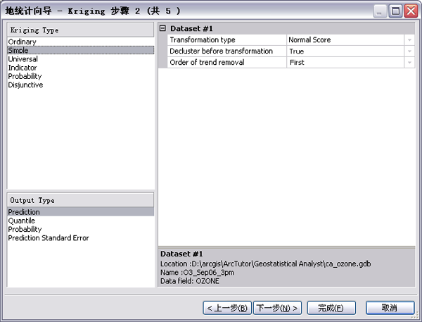 趋势移除、去聚和常态得分变换选项被选中的简单克里金法。