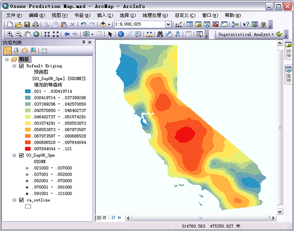 裁剪至加利福尼亚州轮廓的预测地图
