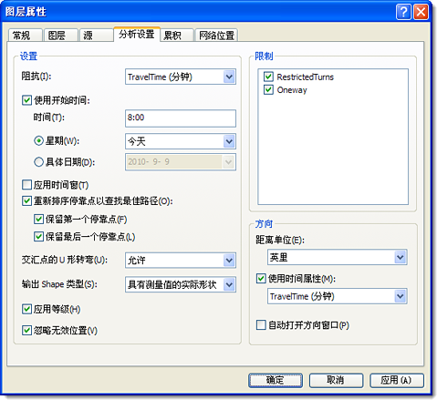 路径分析图层的“图层属性”对话框