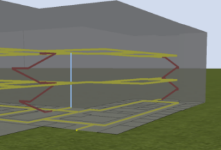 该建筑物的内部通道可通过 ArcScene 以 3D 形式进行数字化。黄线表示走廊，红线表示楼梯，而垂直的蓝线表示电梯。