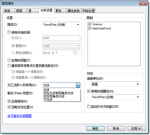 网络分析图层上的“交汇点的 U 形转弯”属性