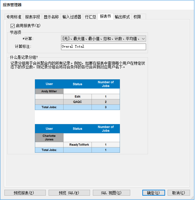 “报表节”选项卡上的“分组/汇总”