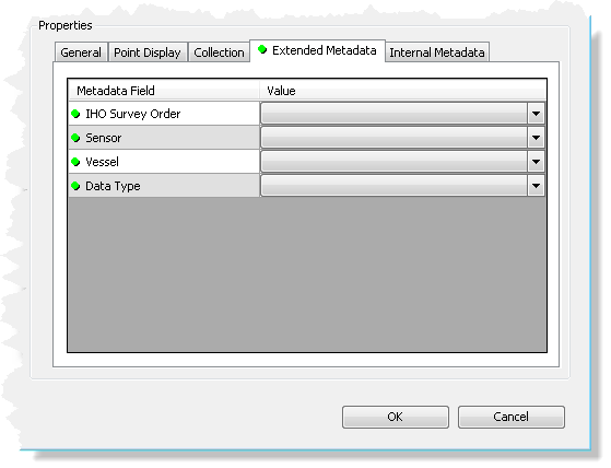 Extended Metadata tab on the Add Bathymetry dialog box Extended Metadata tab on the Add Bathymetry dialog box