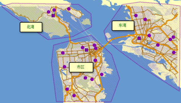 地图视图中的三个路径区 地图视图中的三个路径区
