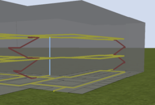 该建筑物的内部通道可通过 ArcScene 以 3D 形式进行数字化。黄线表示走廊,红线表示楼梯,而垂直的蓝线表示电梯。 该建筑物的内部通道可通过 ArcScene 以 3D 形式进行数字化。黄线表示走廊,红线表示楼梯,而垂直的蓝线表示电梯。