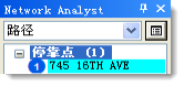 Network Analyst 窗口中的停靠点 1。 Network Analyst 窗口中的停靠点 1。