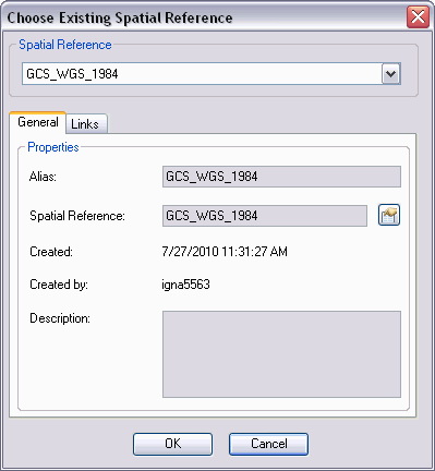 Choose Existing Spatial Reference dialog box Choose Existing Spatial Reference dialog box