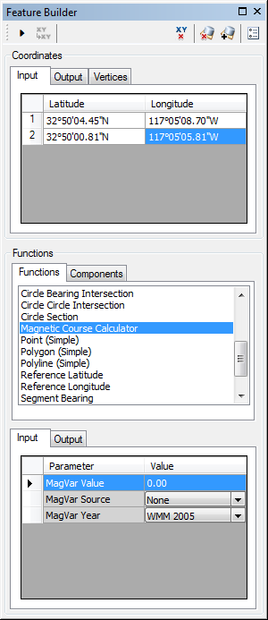Feature Builder window with the Magnetic Course Calculator function selected Feature Builder window with the Magnetic Course Calculator function selected
