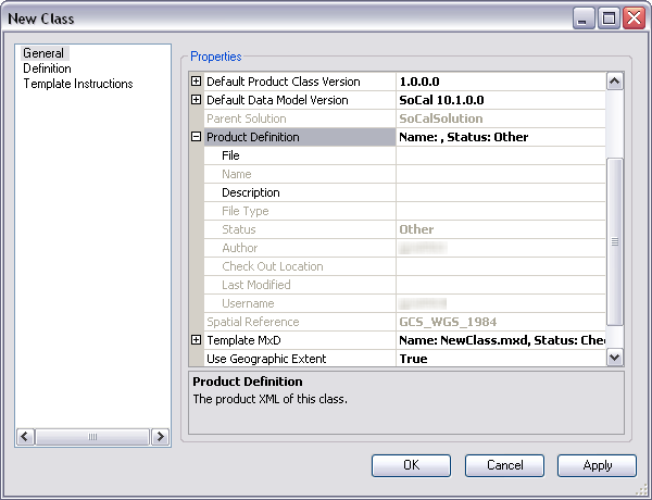 Product Definition properties on the General pane on the New Class dialog box Product Definition properties on the General pane on the New Class dialog box