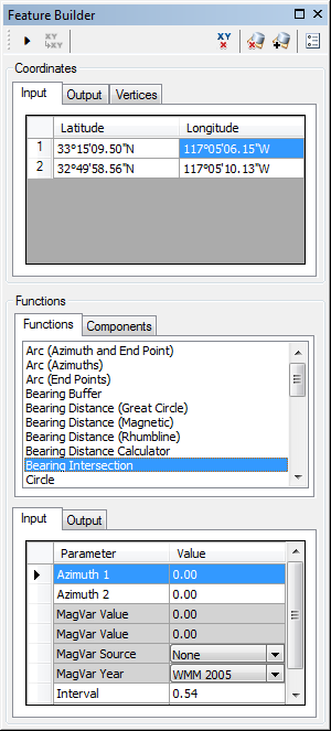 Feature Builder window with the Bearing Intersection function selected Feature Builder window with the Bearing Intersection function selected