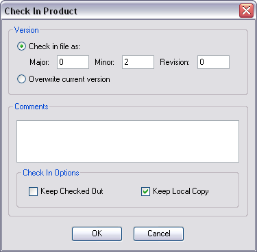 Check In Product dialog box Check In Product dialog box