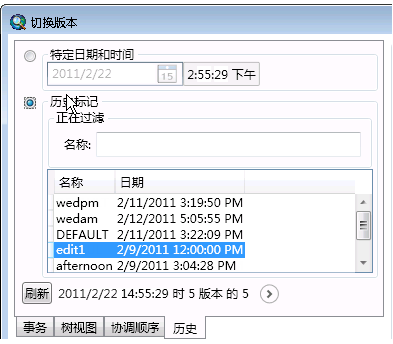 “切换版本”对话框的“历史”选项卡