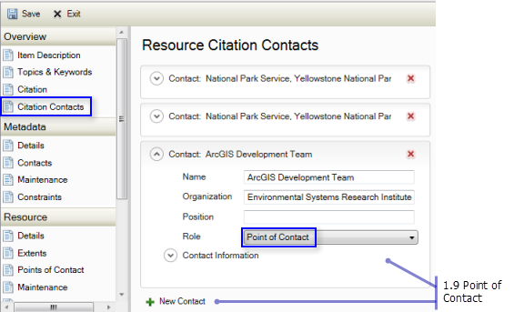 Overview Citation Contacts page: Point of Contact