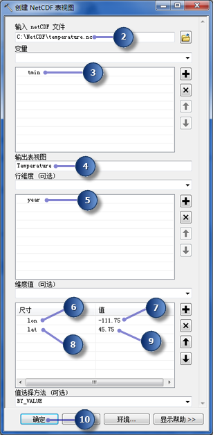 “创建 NetCDF 表视图”工具中的参数值