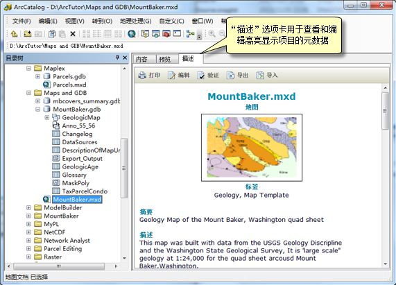 用于查看 ArcCatalog 中元数据的项目描述选项卡