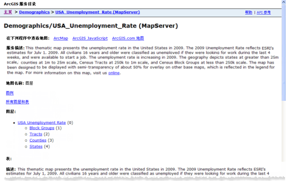 人口统计状况/美国失业率地图服务的服务目录描述