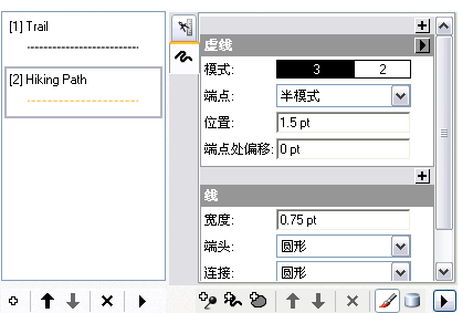 在“符号系统”选项卡上，单击 Hiking Path 规则；请注意，该规则由单个笔划符号图层和一个几何效果“虚线”组成。