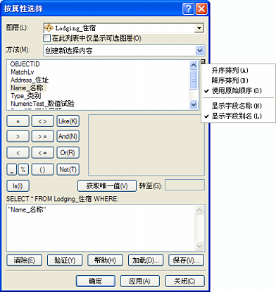 “按属性选择”对话框中的字段显示选项